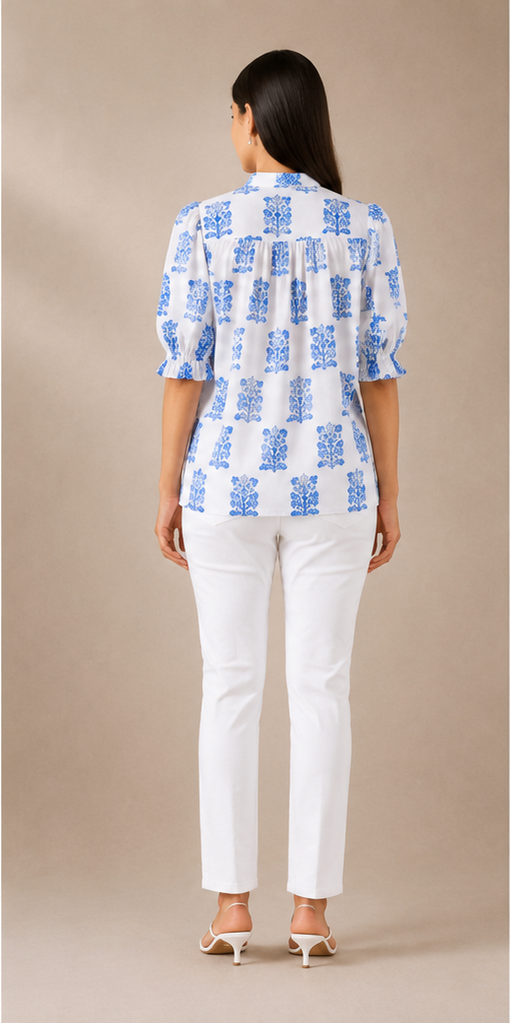 Azure Bloom Shirt – White & Blue