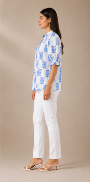 Azure Bloom Shirt – White & Blue