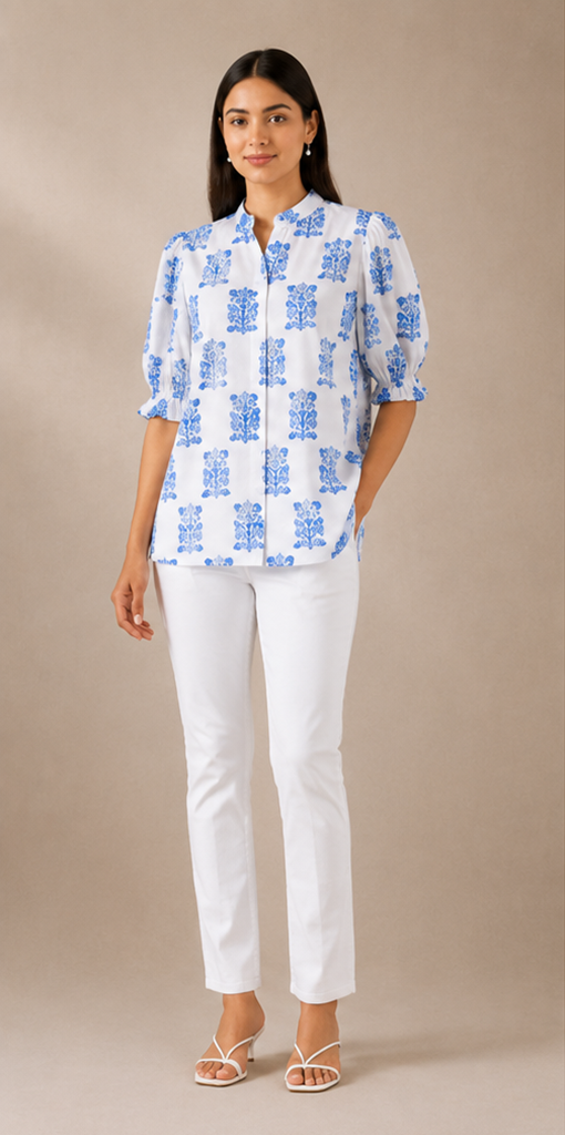Azure Bloom Shirt – White & Blue